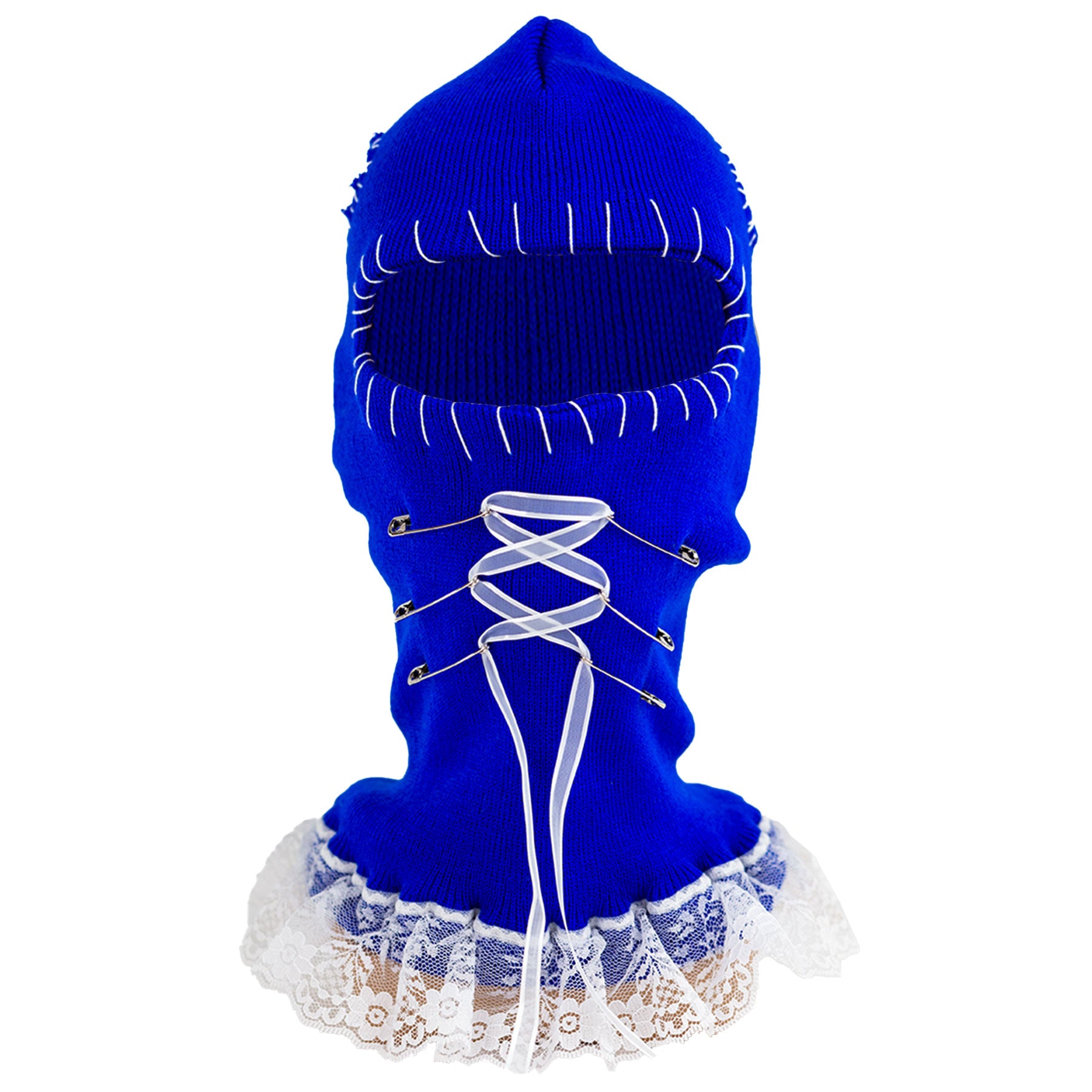 Blue hooded garment ski mask with lace details on a white background